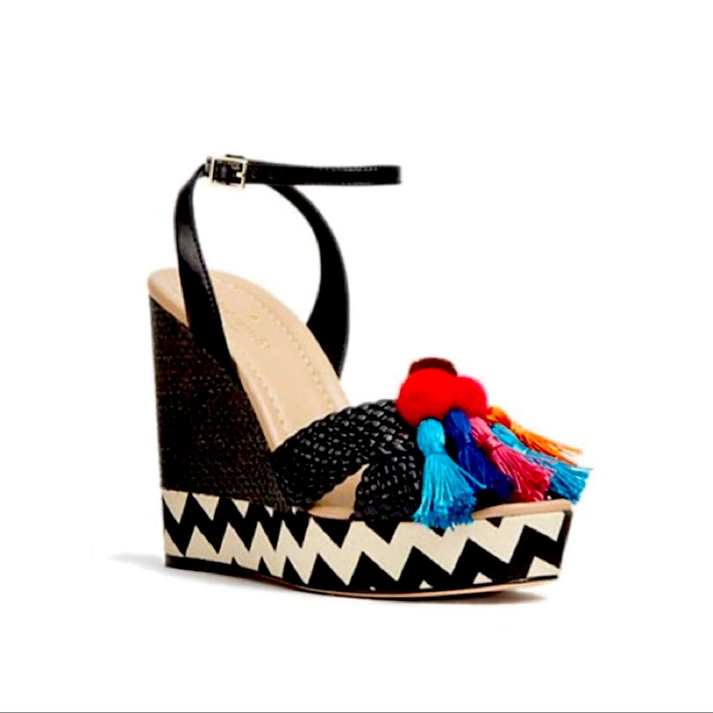 Kate Spade Black Cream Blue Red Orange Delancey Wedges Size 7M